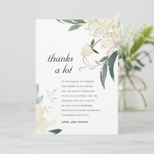 クリーンアイボリー緑水色フローラ結婚ズ感謝してい サンキューカード (スタンド正面)