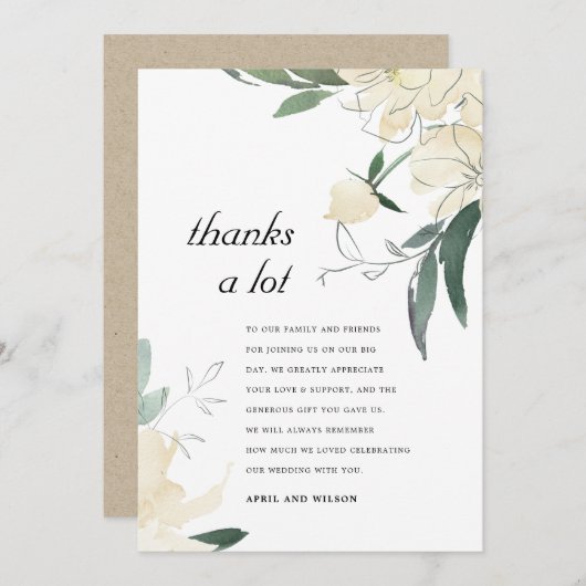 クリーンアイボリー緑水色フローラ結婚ズ感謝してい サンキューカード (正面/裏面)