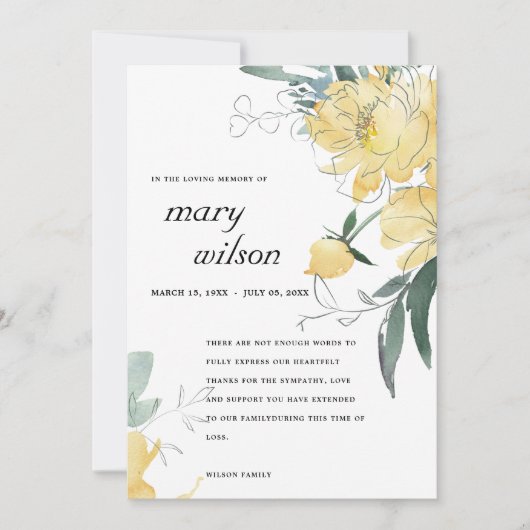 クリーンイエローグリーンフローラ悔やみや弔慰記念物 サンキューカード (正面)