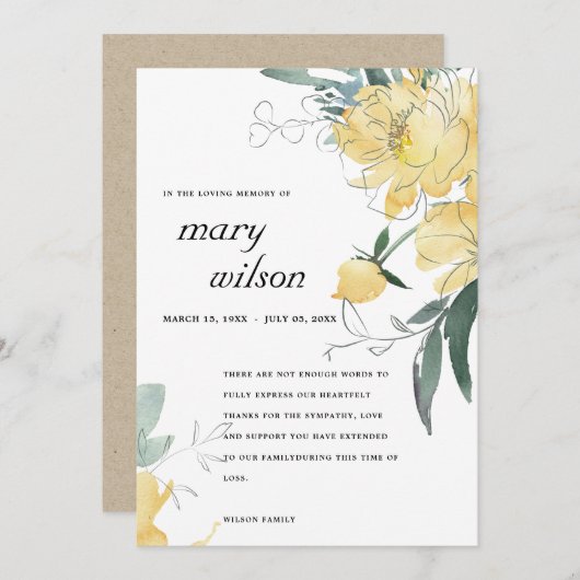 クリーンイエローグリーンフローラ悔やみや弔慰記念物 サンキューカード (正面/裏面)