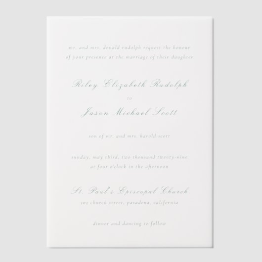 クリーンエメラルドグリーンエレガントな結婚式 ベラム紙招待状 (正面)