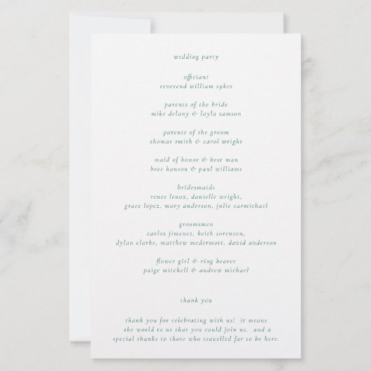 クリーンエメラルドグリーンエレガントウェディングプログラム (裏面)