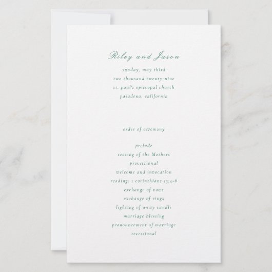 クリーンエメラルドグリーンエレガントウェディングプログラム (正面)