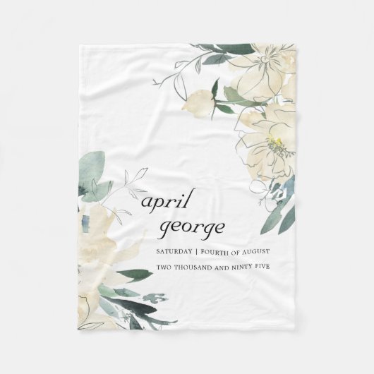 クリーンエレガントアイボリーホワイトグリーンフローラワテカラー フリースブランケット (正面)
