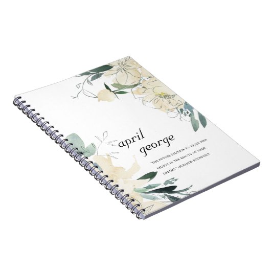 クリーンエレガントアイボリー白緑色フローラ水色 ノートブック (右側)