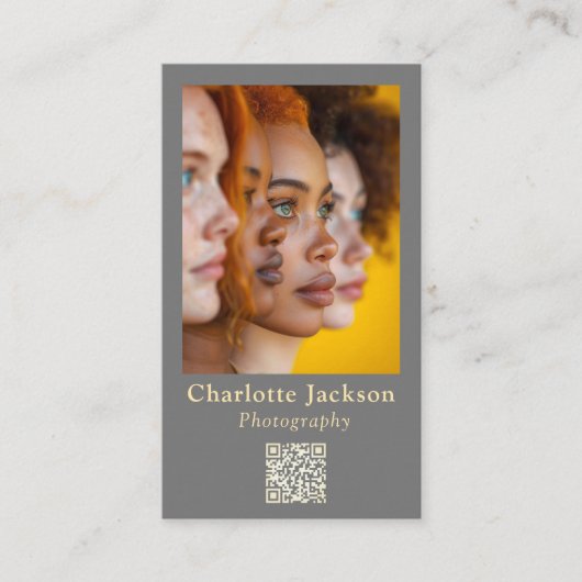 クリーンエレガントグレー写真撮影とQrコード 名刺 (正面)