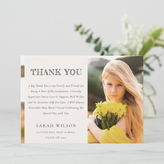 クリーンエレガントシックでミニマルクリーンな写真卒業 サンキューカード (スタンド正面)