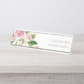 クリーンエレガントピンクグリーン水色牡丹フローラ デスクネームプレート (正面)