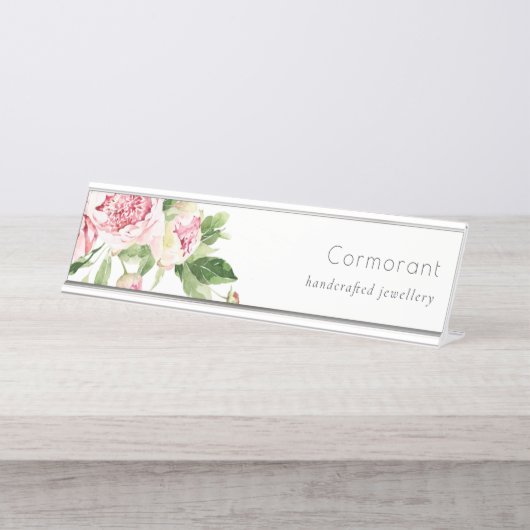 クリーンエレガントピンクグリーン水色牡丹フローラ デスクネームプレート (正面)