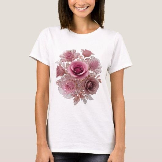 クリーンシルバー 薔薇のブーケ 3Dテキストアート Tシャツ (正面)