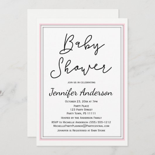 クリーンシンプルピンクホワイトブラックベビーシャワー 招待状 (正面/裏面)