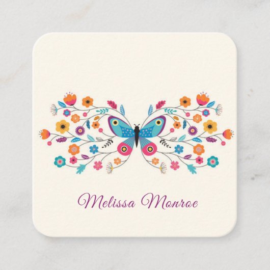 クリーンシンプルミニマルカラフルな花と蝶 スクエア名刺 (正面)