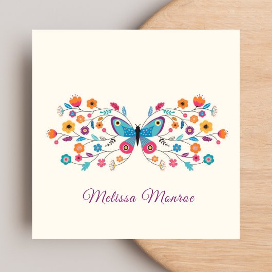 クリーンシンプルミニマルカラフルな花と蝶 スクエア名刺