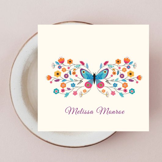 クリーンシンプルミニマルカラフルな花と蝶 スクエア名刺