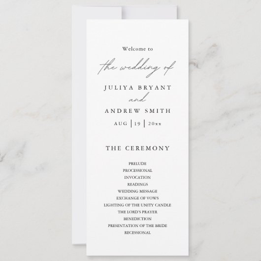 クリーンスタイリッシュブラック&ホワイト結婚式プログラムカード (正面)