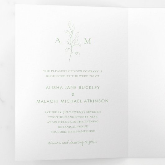 クリーンセージ緑の植物写真エレガントな結婚式 三つ折り招待状 (内部最初)