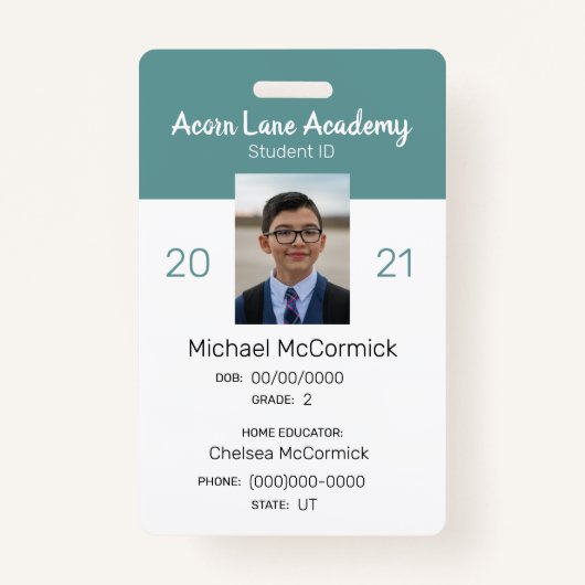 クリーンティール（緑がかった色）ホームスクール学生IDバッジ バッジ (正面)