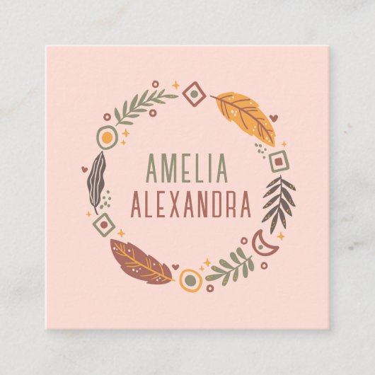 クリーンボホ抽象芸術フェミニン赤面ピンク&グリーン スクエア名刺 (正面)