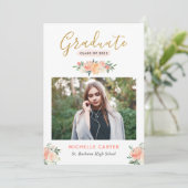 クリーンモダンコーラルピーチフローラ写真卒業 案内状 (スタンド正面)