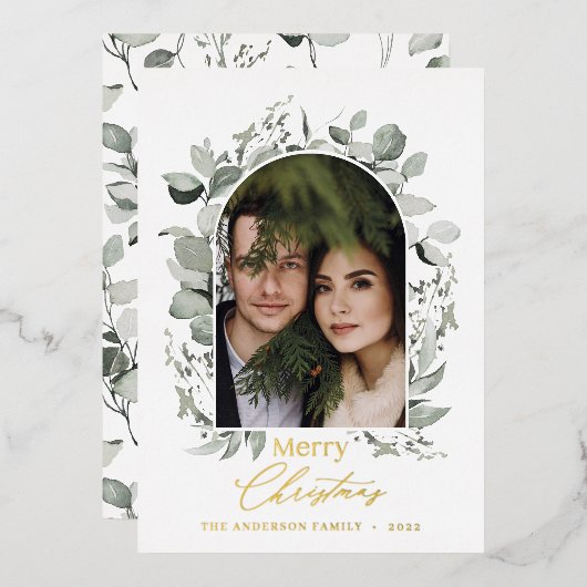 クリーンモダンボエレガントタニカル緑の灰色の写真 箔シーズンカード (正面/裏面)