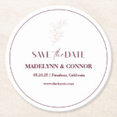 クリーン白ピンクのシンプル葉の結婚式の日付を保存 ラウンドペーパーコースター (正面)