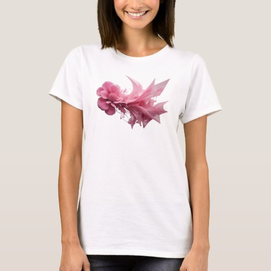 クリーン ピンクの花柄プリント Tシャツ (正面)