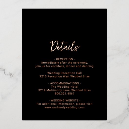 クリーン ブラック フォト モダン ウェディング 封入カード 箔招待状ポストカード (正面)