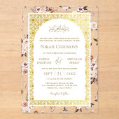 クリー自然ムフローラ金ゴールドパターン結婚ムスリム アクリル招待状 (正面)