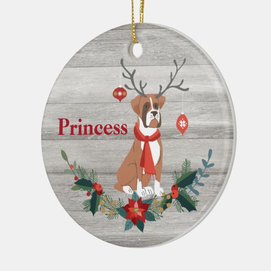 クリ素朴スマス·ボクサー犬と緑の〔雄ジカの〕枝角 セラミックオーナメント (左)