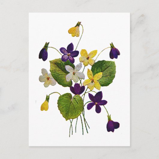 クルエル刺繍で仕上げた野生のすみれの花 ポストカード (正面)