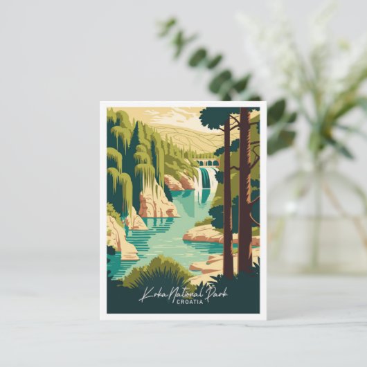 クルカクロアチアアートトラベルヴィンテージイラストレーション ポストカード (スタンド正面)