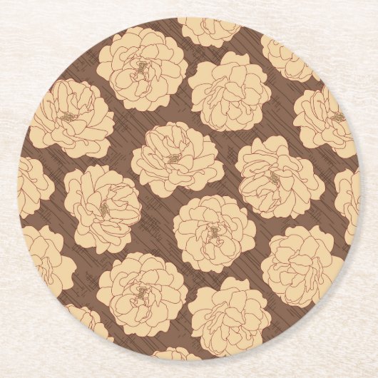 クルミの茶色のバロックバラ – シームレスなパターン。 ラウンドペーパーコースター (正面)