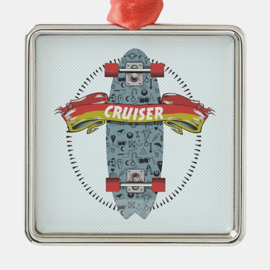 クルーザースケートボードスティックポケタトゥーデザイン メタルオーナメント (正面)