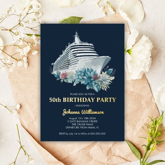 クルーズシップ50th誕生日パーティー金ゴールド 箔招待状