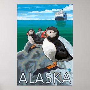 クルーズ船を見ているパフィン ポスター
