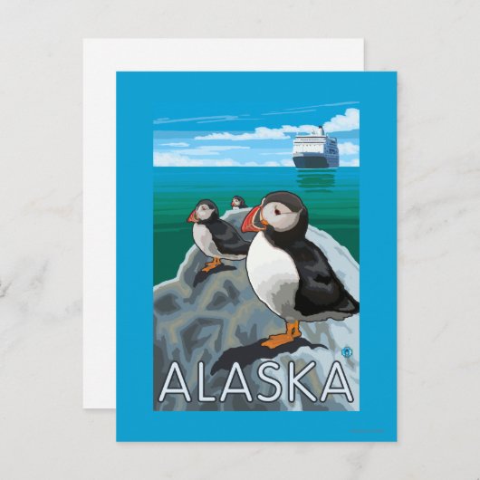 クルーズ船を見ているパフィン ポストカード (正面/裏面)