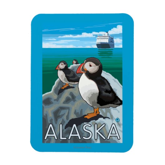 クルーズ船を見ているパフィン マグネット (縦)