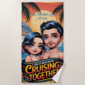 クルーズ船クルージング一緒カスタムチビ(小さくかわいく書いた感じ)カップル ビーチタオル (正面)