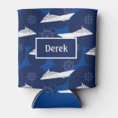 クルーズ船パターン(の模様が)ある青パーソナライズされた 缶クーラー (正面)