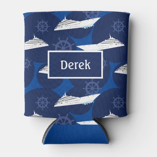 クルーズ船パターン(の模様が)ある青パーソナライズされた 缶クーラー (正面)
