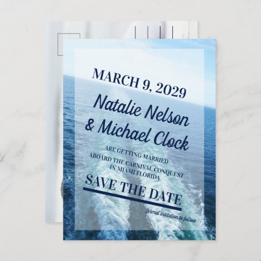 クルーズ船ヨット目的地の結婚式の日付を保存 案内ポストカード (正面/裏面)