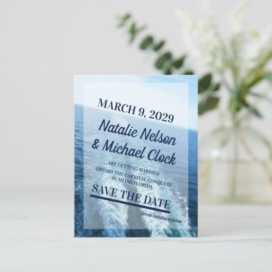 クルーズ船ヨット目的地の結婚式の日付を保存 案内ポストカード (スタンド正面)