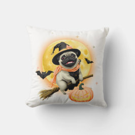 クレイジーハッピー ハロウィンパグ ほうきにまたがって飛ぶ クッション
