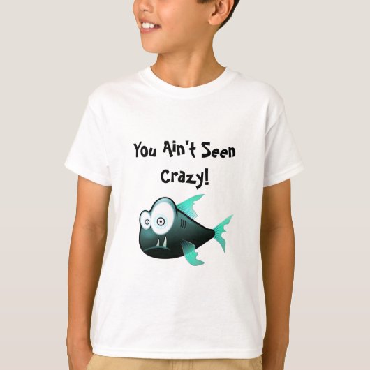 クレイジーパイラニア、変な面白いキャラクターフィッシュデザイン Tシャツ (正面)