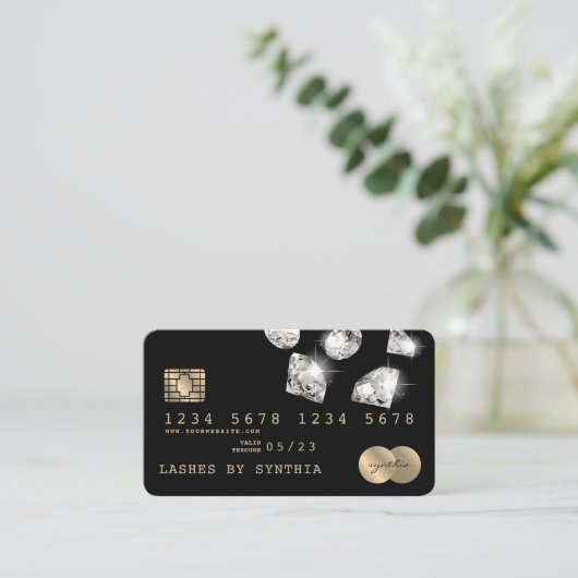 クレジットカードのスタイルを持つ金ゴールドダイヤモンドソーシャルメディア 名刺 (スタンド正面)