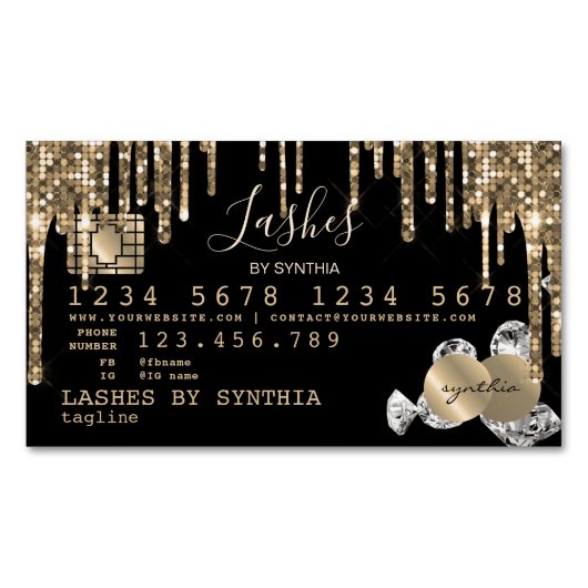 クレジットカードのスタイル付き滴下金ゴールドダイヤモンド マグネット名刺 (正面)