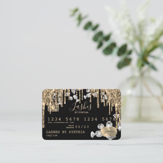 クレジットカードのスタイル付き滴下金ゴールドダイヤモンド 名刺 (スタンド正面)