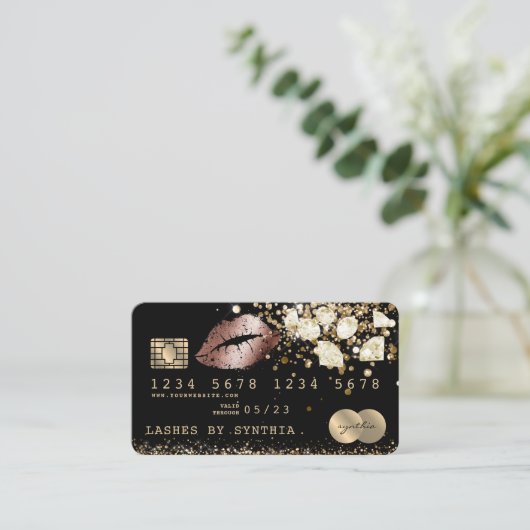クレジットカードのデビットカードスタイルのグリッター金ゴールドリップダイヤモンド 名刺 (スタンド正面)
