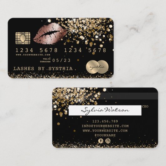 クレジットカードのデビットカード形式のグリッター金ゴールドの唇 名刺 (正面/裏面)