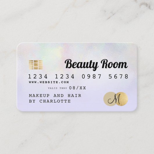 クレジットカードのホログラフィックパープル美しいモノグラム 名刺 (正面)